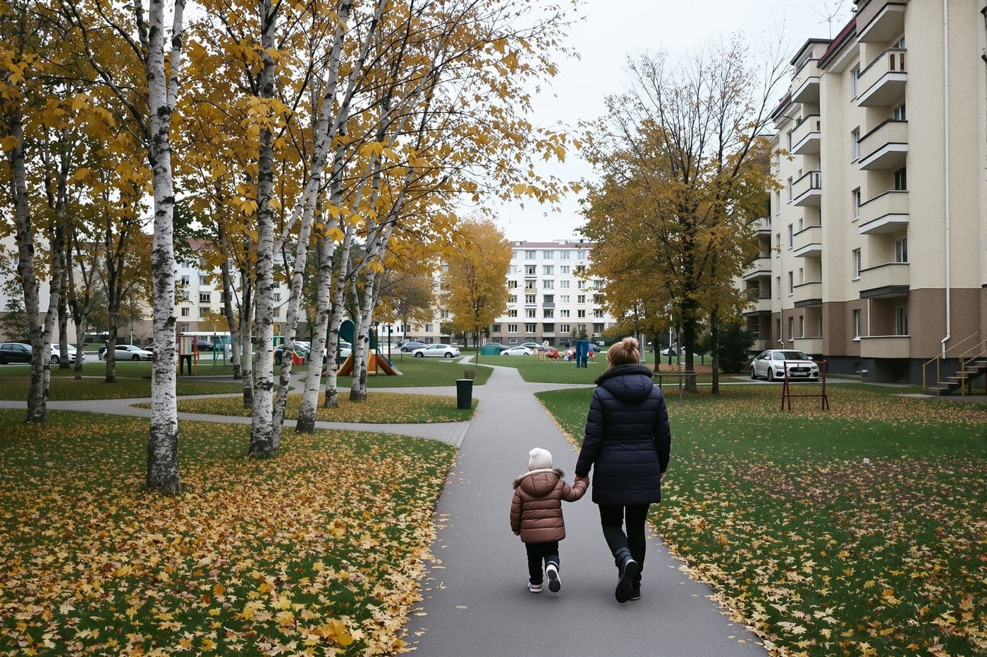 Mama su vaiku eina rudenišku kiemu tarp daugiabučių