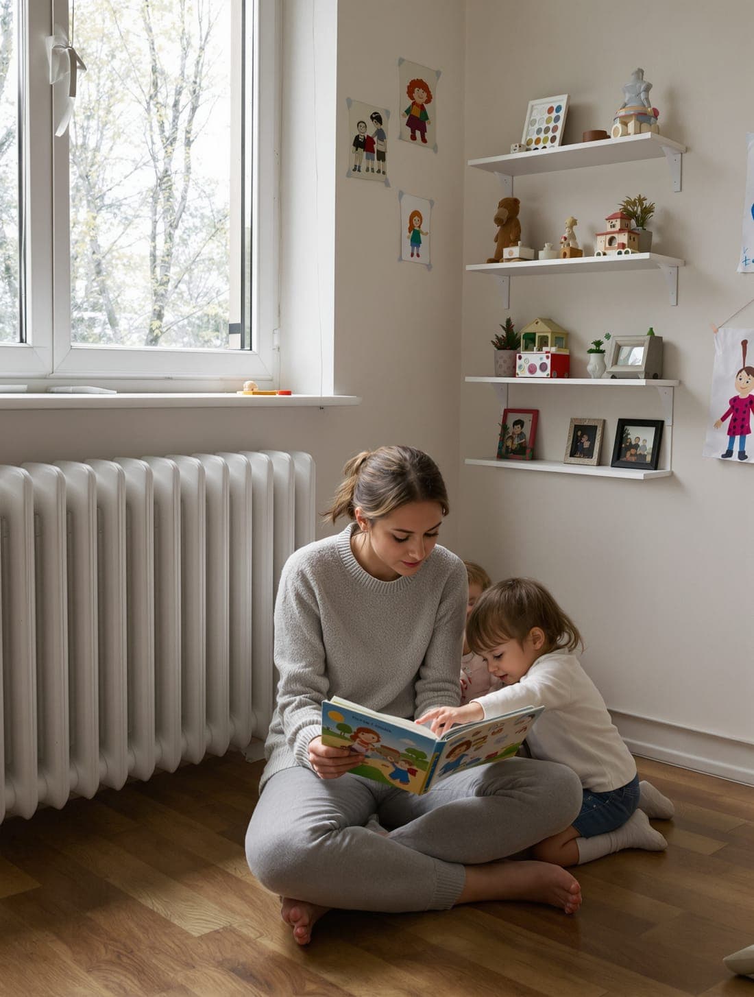 Auklė skaito knygelę mažyliams jaukiame namų kambaryje